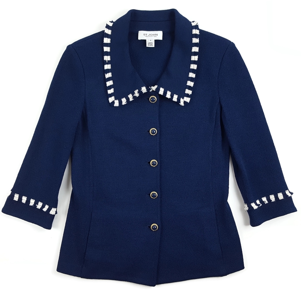 St John Navy Blue Fringe Santana Knit Wool Jacket
